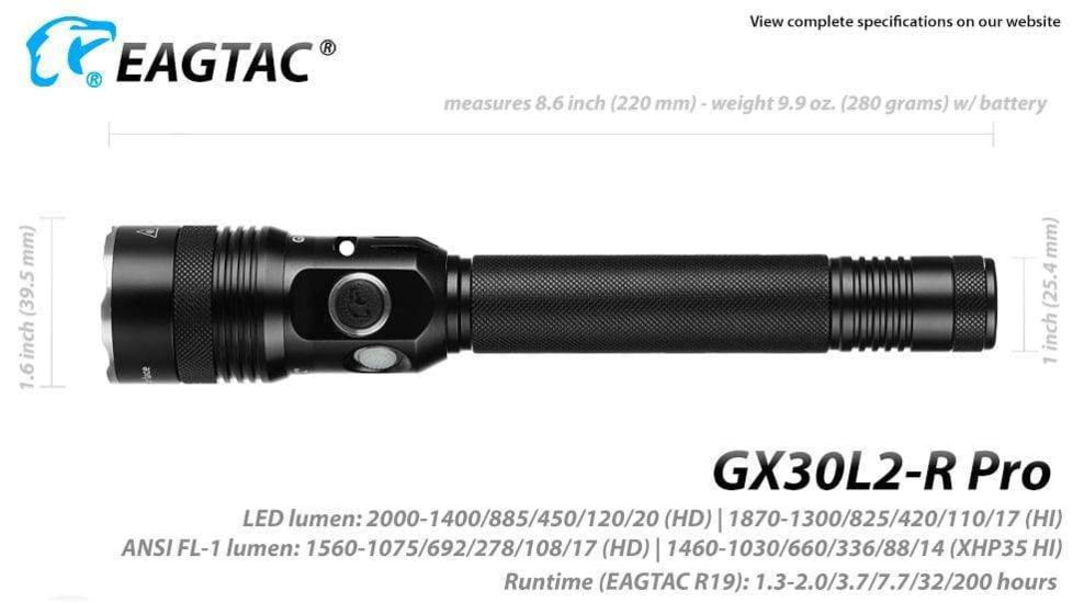 EAGTAC GX30L2-R Pro Flashlight, XHP35 HD CW LED, 2000lm, Black, GX30L2R-XHP35-HD-PRO-CW