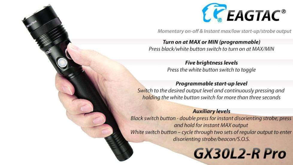 EAGTAC GX30L2-R Pro Flashlight, XHP35 HD CW LED, 2000lm, Black, GX30L2R-XHP35-HD-PRO-CW