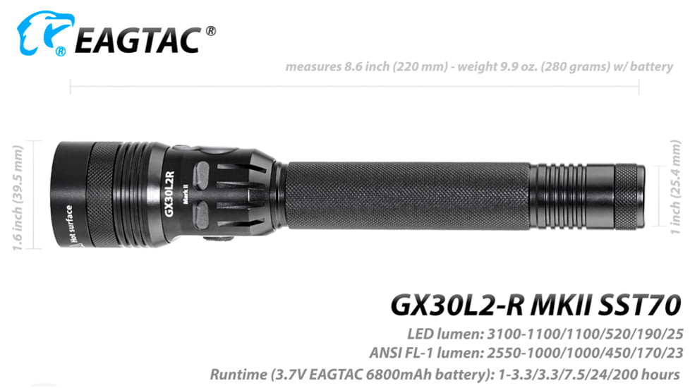 EAGTAC GX30L2R MKII Flashlight, Black, 3100lm, GX30L2R MKII-SST70-CW