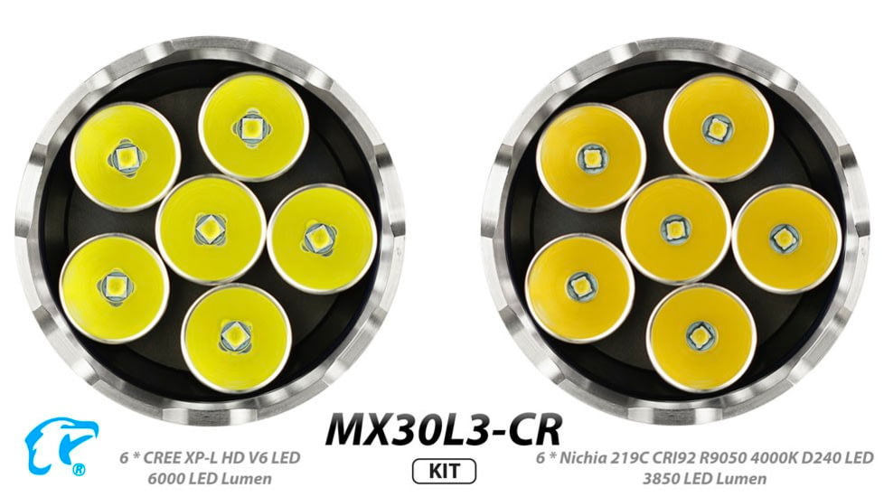 EAGTAC MX30L3-CR Base Flashlight, 6 Nichia 219C CRI92 4000K LED, 3850lm, Black, MX30L3CR-6*219C-BASE-NW