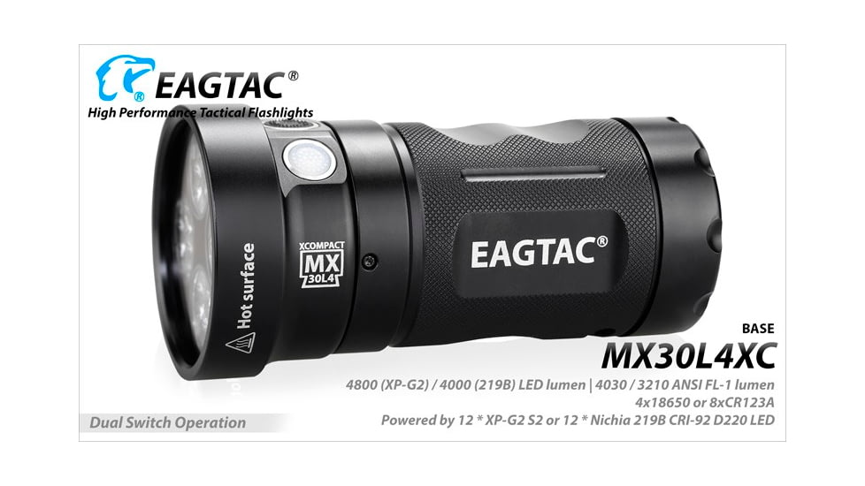 EAGTAC MX30L4-XC Base Flashlight, 12 Nichia 219B CRI-92 5700K LED, 4000lm, Black, MX30L4XC-12*219B-BASE-NW