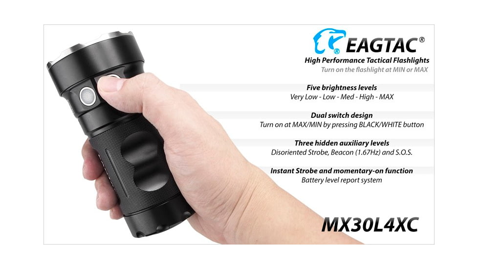 EAGTAC MX30L4-XC Base Flashlight, 12 Nichia 219B CRI-92 5700K LED, 4000lm, Black, MX30L4XC-12*219B-BASE-NW