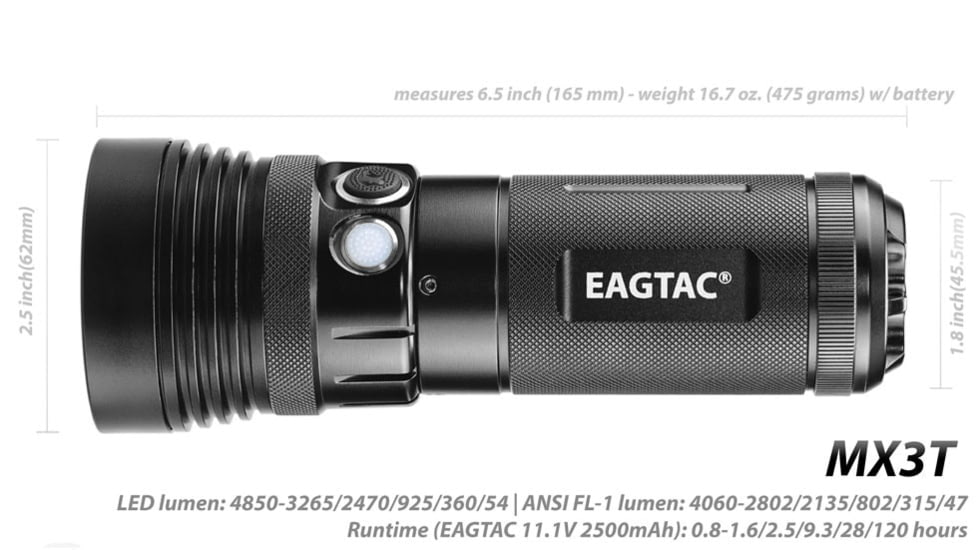 EAGTAC MX3T Flashlight, XHP70.2 CW LED, 4850lm, Black, MX3T-XHP702-REG-CW