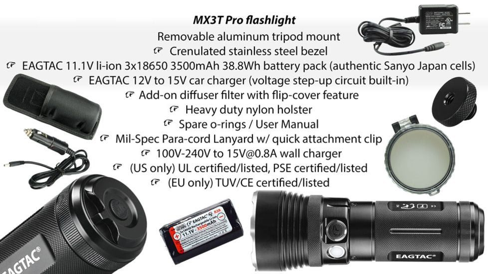 EAGTAC MX3T Pro Flashlight, XHP70.2 CW LED, 4850lm, Black, MX3T-XHP702-PRO-CW