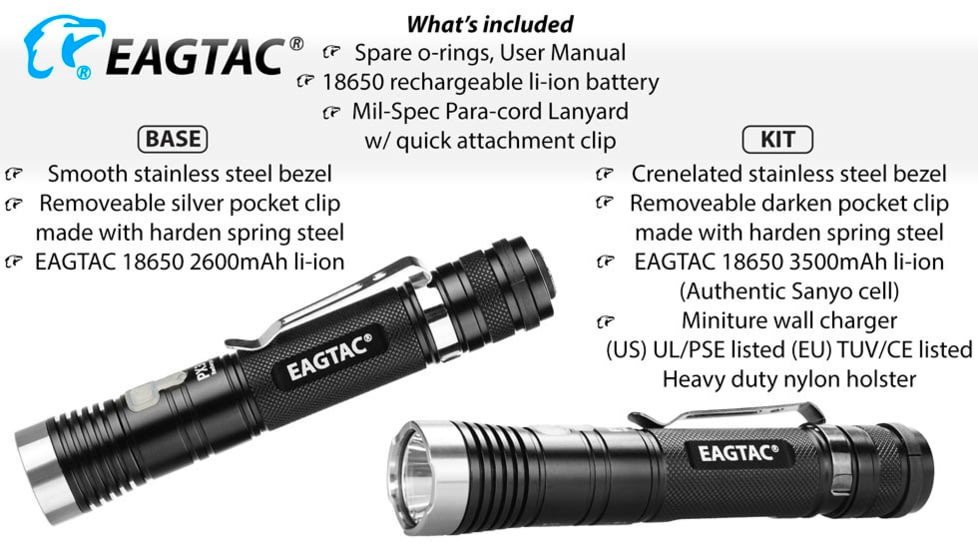 EAGTAC PX30LC2-R Flashlight Kit, Nichia 219C CRI92 4000K LED, 800lm, Black, PX30LC2R-219C-KIT-NW