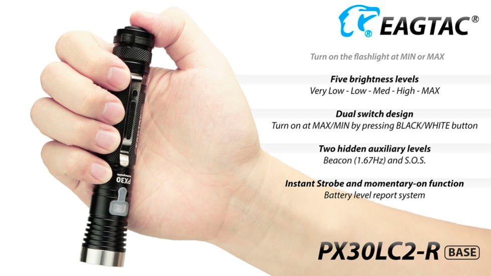 EAGTAC PX30LC2-R Flashlight Kit, Nichia 219C CRI92 4000K LED, 800lm, Black, PX30LC2R-219C-KIT-NW