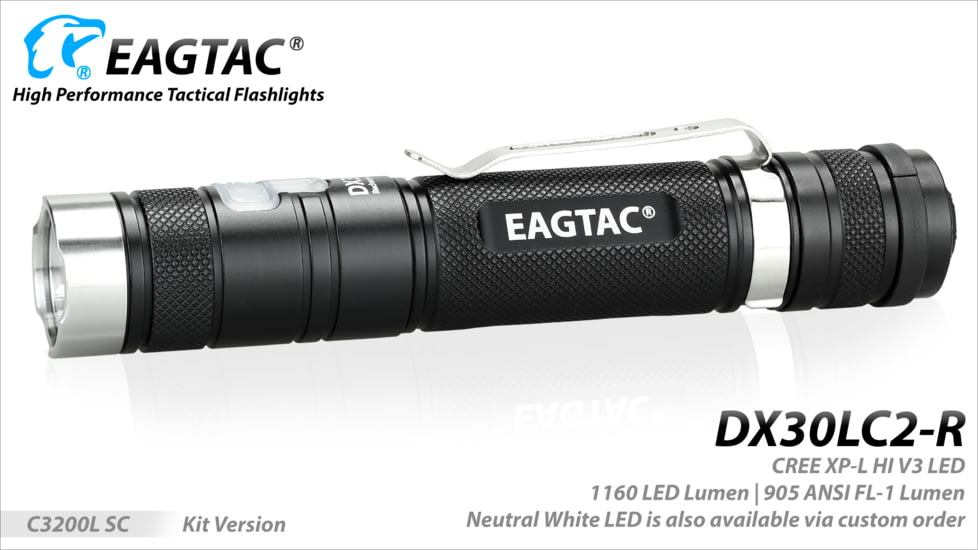 Eagtac Rechargeable DX30LC2-R XPL HI 1160 Lumens LED Flashlight, Black, Medium, DX30LC2RXPLHI