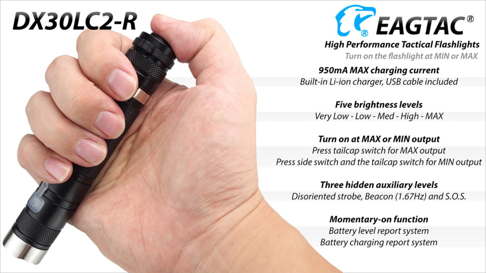 Eagtac Rechargeable DX30LC2-R XPL HI 1160 Lumens LED Flashlight, Black, Medium, DX30LC2RXPLHI