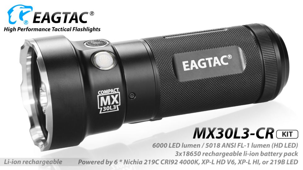 Eagtac Rechargeable MX30L3C-R 6219C 4000K LED Flashlight Kit, Black, Medium, MX30L3CR6*219CKIT