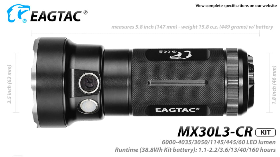 Eagtac Rechargeable MX30L3C-R 6219C 4000K LED Flashlight Kit, Black, Medium, MX30L3CR6*219CKIT