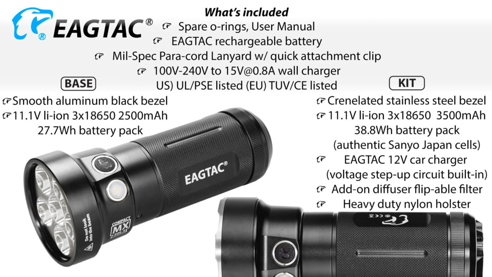 Eagtac Rechargeable MX30L3C-R 6219C 4000K LED Flashlight Kit, Black, Medium, MX30L3CR6*219CKIT