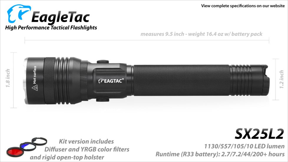 Eagtac Rechargeable SX25L2 XM-L2 U4 1494 Lumens LED Flashlight Kit, Black, Medium, SX25L2XML2KIT