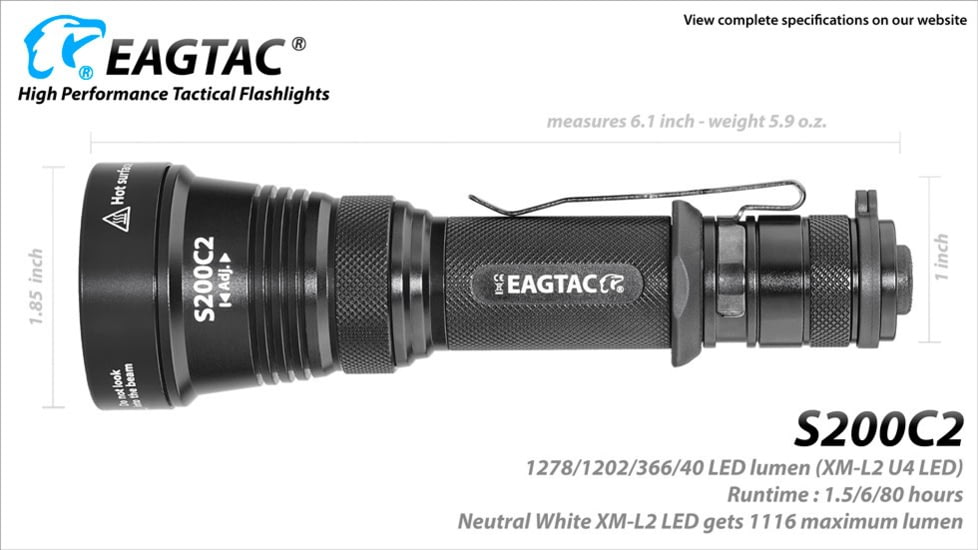 EAGTAC S200C2 Flashlight Weapon Kit, XP-L HI V2 NW LED, 1018lm, Black, S200C2-XPLHI-WEA-KIT-NW