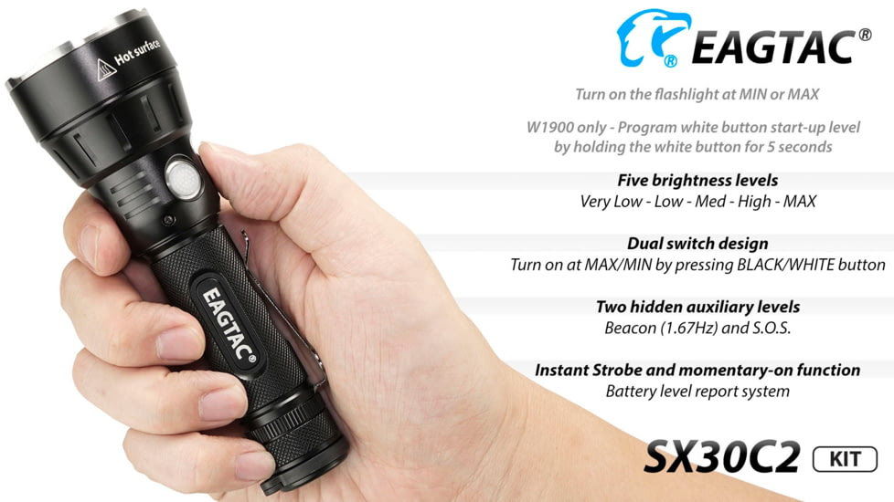 EAGTAC SX30C2 Base Flashlight, Nichia 219C CRI92 4000K LED, 885lm, Black, SX30C2-219C-BASE-CW