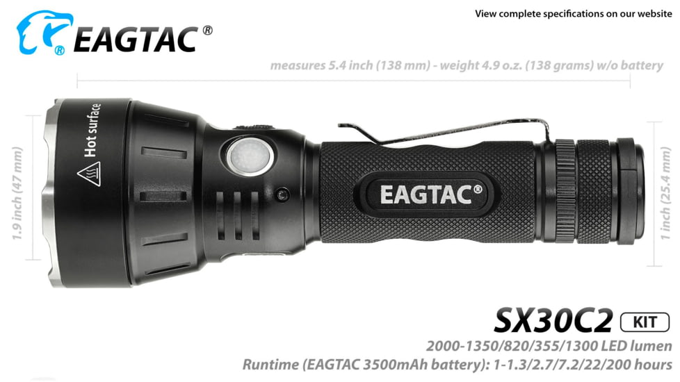 EAGTAC SX30C2 Base Flashlight, Nichia 219C CRI92 4000K LED, 885lm, Black, SX30C2-219C-BASE-CW