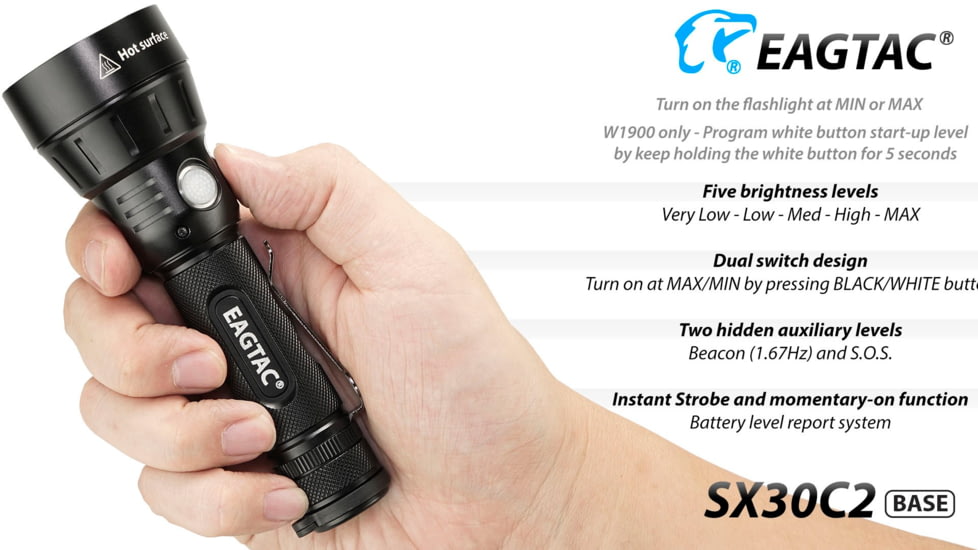 EAGTAC SX30C2 Base Flashlight, Nichia 219C CRI92 4000K LED, 885lm, Black, SX30C2-219C-BASE-CW