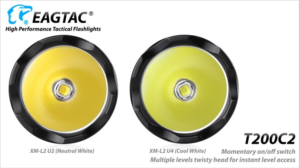 EAGTAC T200C2 Flashlight Kit, XM-L2 U4 CW LED, 1277lm, Black, T200C2-XML2-KIT-CW