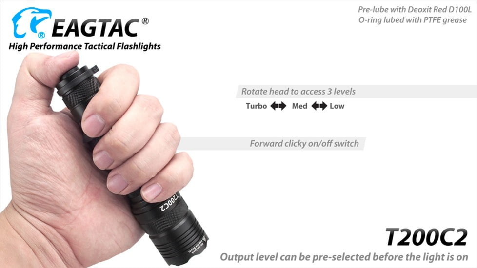 EAGTAC T200C2 Flashlight Kit, XM-L2 U4 CW LED, 1277lm, Black, T200C2-XML2-KIT-CW