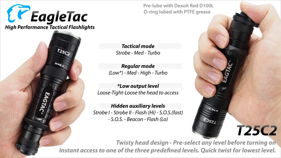 Eagtac T25C2 XPLHI 1148 Lumen Tactical Flashlight, Black, Medium, T25C2XPLHI
