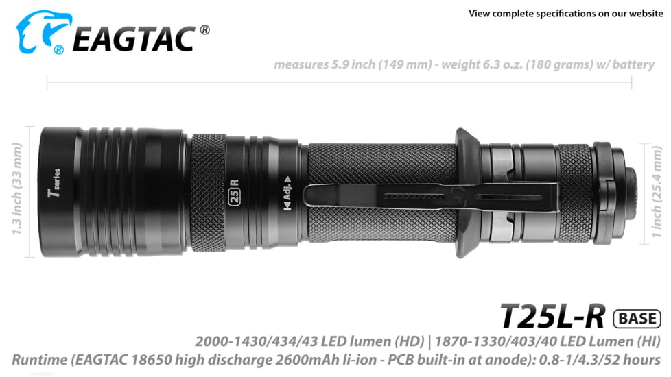 EAGTAC T25L-R Flashlight Kit, XHP35 HI NW LED, 1750lm, Black, T25LR-XHP35-HI-KIT-NW