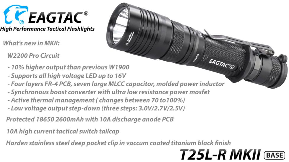 EAGTAC T25L-R MKII Flashlight Base, XHP35 HD CW LED, 2200lm, Black, Medium 4109