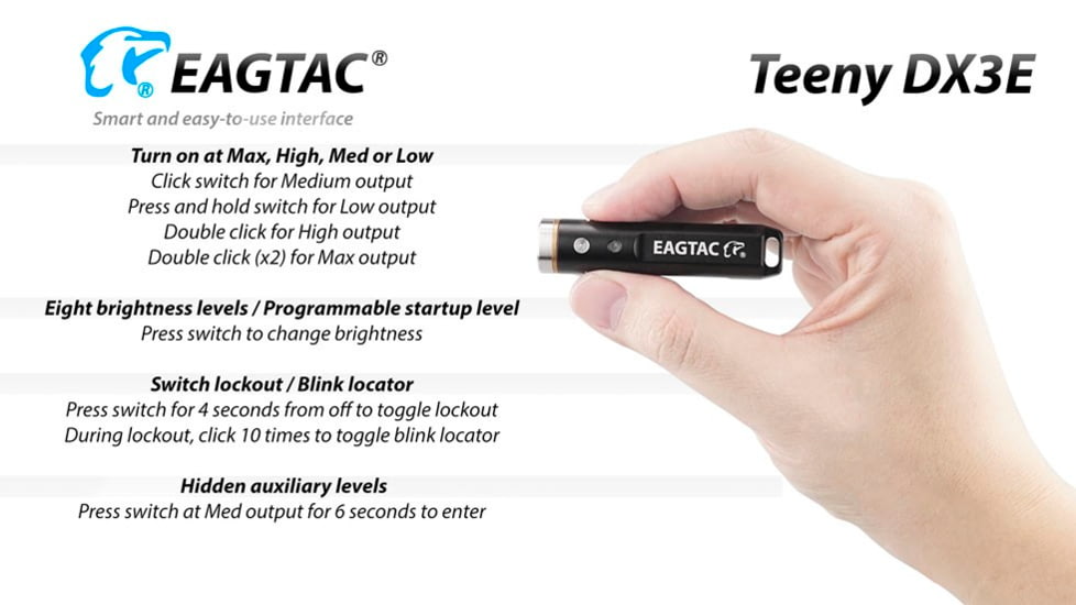 EAGTAC Teeny DX3E Flashlight, SST20 CW LED, 1000lm, Black, Teeny DX3E-SST20-CW