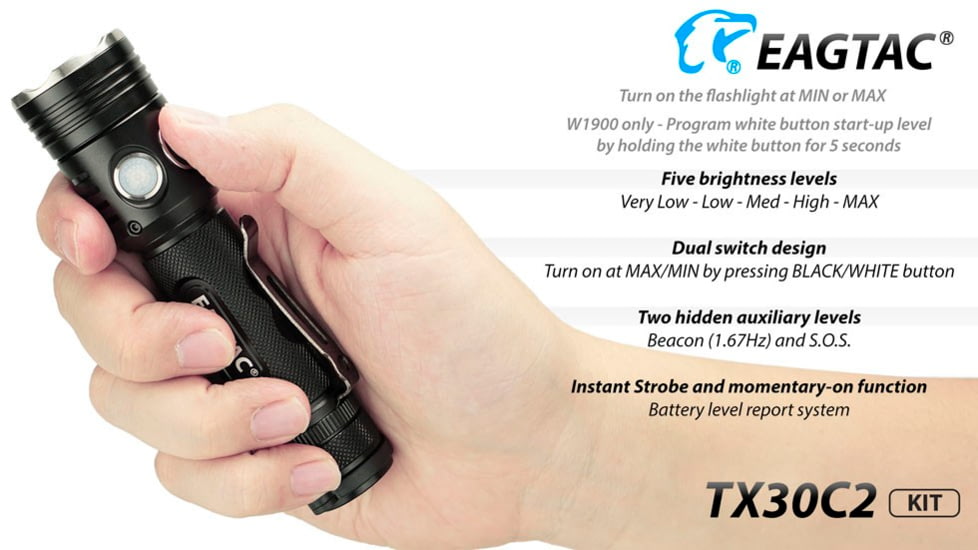 EAGTAC TX30C2 Flashlight Kit, Nichia 219C CRI92 4000K LED, 885lm, Black, TX30C2-219C-KIT-NW