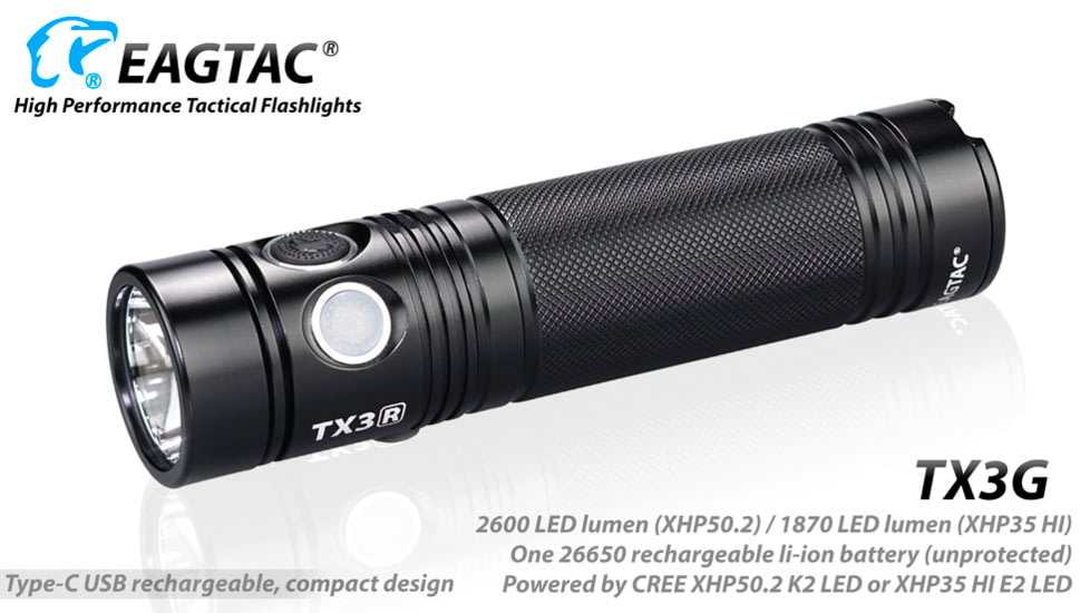 EAGTAC TX3G Flashlight, XHP35 HI CW LED, 1870lm, Black, TX3G-XHP35-HI-REG-CW