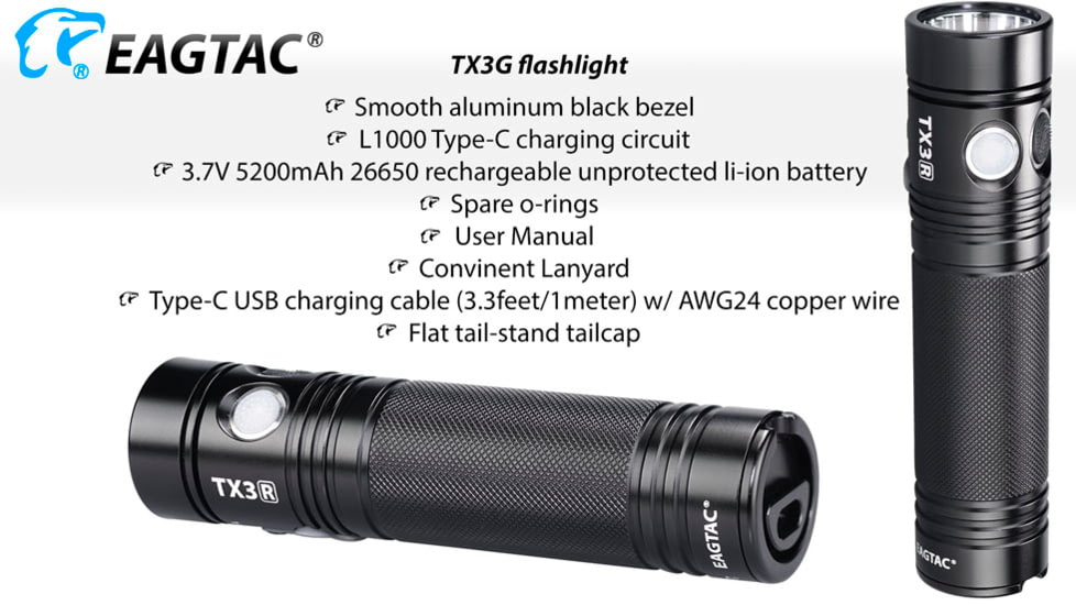 EAGTAC TX3G Flashlight, XHP35 HI CW LED, 1870lm, Black, TX3G-XHP35-HI-REG-CW