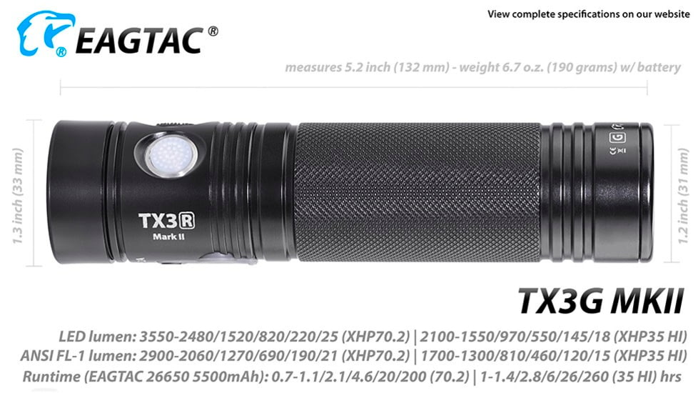 EAGTAC TX3G MKII Flashlight, XHP70.2 NW LED, 3320lm, Black, TX3G-MKII-XHP702-REG-NW