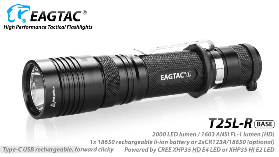 Eagtac USB Rechargeable T25LR XHP35 HI 385 Meter Tactical Flashlight Base, Black, Medium, T25LRHI