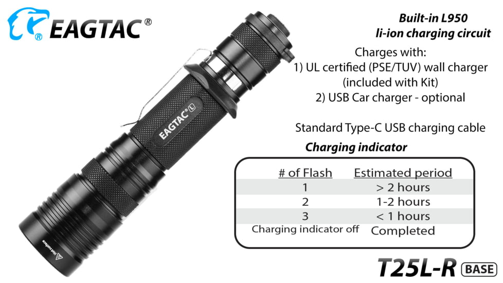Eagtac USB Rechargeable T25LR XHP35 HI 385 Meter Tactical Flashlight Base, Black, Medium, T25LRHI