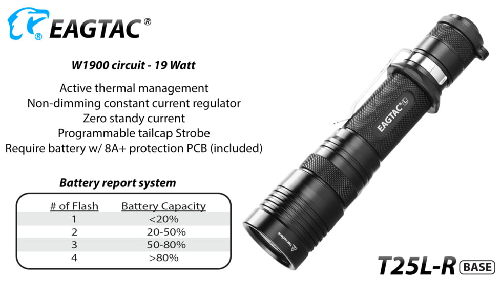 Eagtac USB Rechargeable T25LR XHP35 HI 385 Meter Tactical Flashlight Base, Black, Medium, T25LRHI