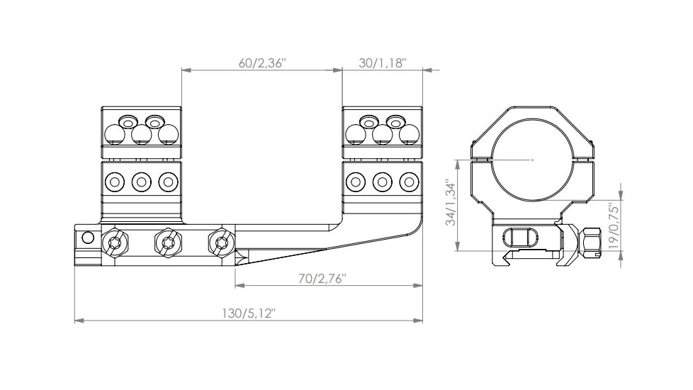 EAW German Tactical Mount Extended Fixed Blockmount, Tube Diameter 30mm, Height 19mm, Extension 70mm, Screw, Black, 62006