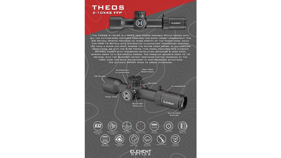 Element Optics Theos 2-10x42mm LPVO 34mm Tube Rifle Scope, First Focal Plane, MPR-1D, Black, ELE50063