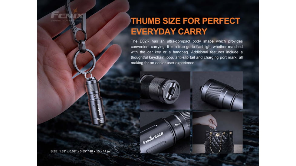 Fenix E02R Rechargeable EDC Flashlight, Black, E02RG2BK
