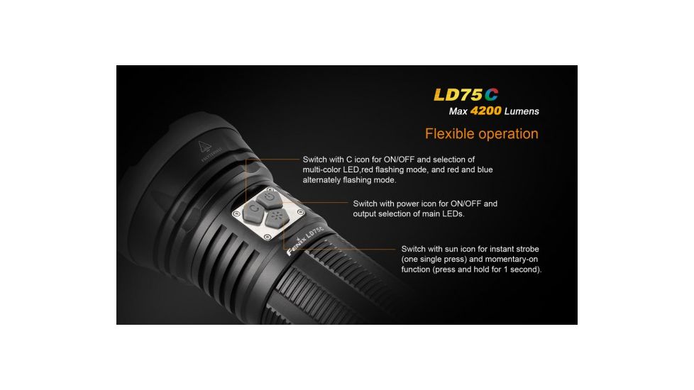 Fenix LD75C LED Flashlight - With CREE XM-L2 U2 LED - 4200 lumens - Uses 4 x 18650 or 8 x CR123, Black FENIX-LD75C-XML2