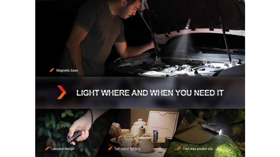 Fenix E18R V2, Flashlight, White LED, 1,200 Lumens, 2.64 Long, Anodized Finish, Black, Includes Rechargeable 16340 and USB Type-C Charging Cable
