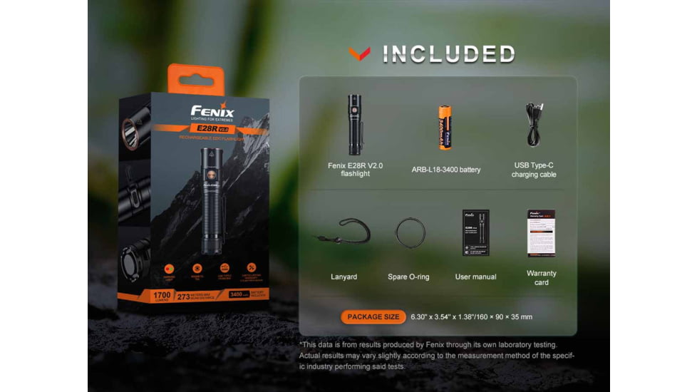 Fenix E28R V2, Flashlight, White LED, 1,700 Lumens, 4.76 Long, Anodized Finish, Black, Includes Rechargeable 18650 and USB Type-C Charging Cable