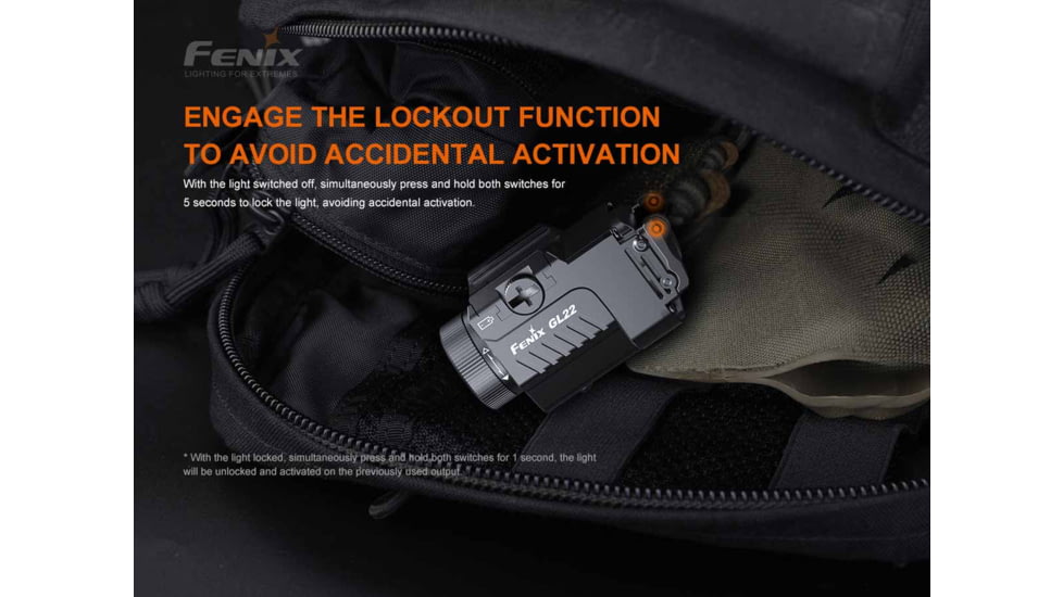Fenix GL22, Weapon Light, White LED with Red Laser, 750 Lumens, 2.64 Long, Fits GLOCK and 1913 Rails, Includes Rechargeable 16340 Battery and USB Type-C Charging Cable