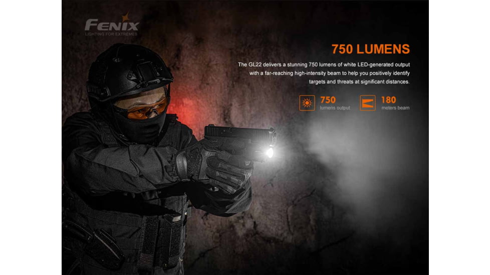 Fenix GL22, Weapon Light, White LED with Red Laser, 750 Lumens, 2.64 Long, Fits GLOCK and 1913 Rails, Includes Rechargeable 16340 Battery and USB Type-C Charging Cable