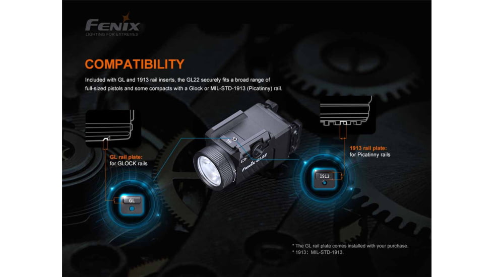 Fenix GL22, Weapon Light, White LED with Red Laser, 750 Lumens, 2.64 Long, Fits GLOCK and 1913 Rails, Includes Rechargeable 16340 Battery and USB Type-C Charging Cable