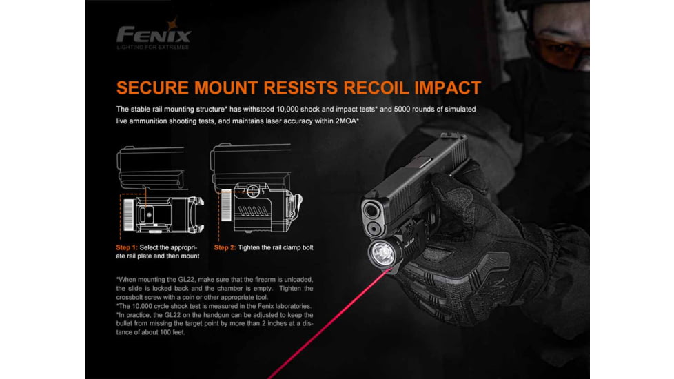 Fenix GL22, Weapon Light, White LED with Red Laser, 750 Lumens, 2.64 Long, Fits GLOCK and 1913 Rails, Includes Rechargeable 16340 Battery and USB Type-C Charging Cable