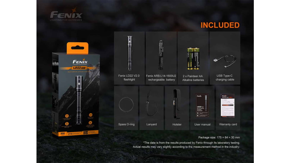 Fenix LD22 V2, Flashlight, White LED, 800 Lumens, 5.83 Long, Anodized Finish, Black, Includes Rechargeable 1600 mAh Battery and USB Type-C Charging Cable