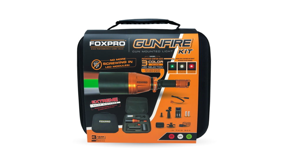 FoxPro Gunfire 3-color Hunting Flashlight Kit with Case, LED Red/White/Green Lights, Black/Orange, GUNFIRE KIT