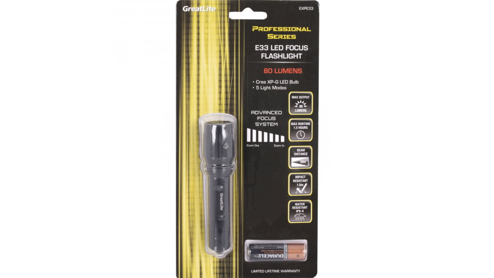 Greatlite 80 Lumens Cree LED E33  Professional Focus Flashlight, Black, 4.4" EXPE33