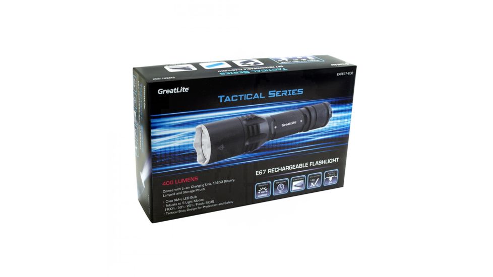 Greatlite Cree LED 400 Lumens E67-E02 Tactical Rechargeable Flashlight Kit, Black EXPE67-E02