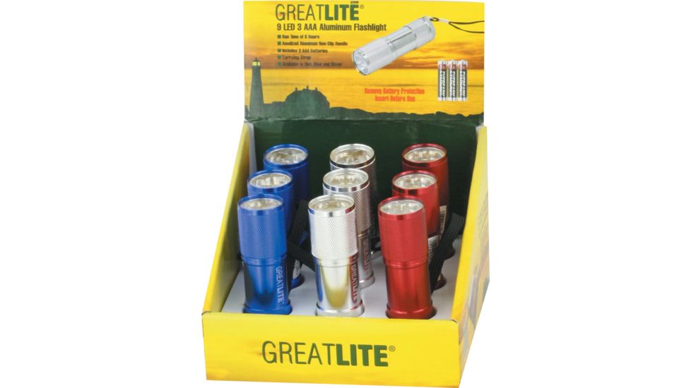 Greatlite Mini 9 LED Flashlight Set of 9 Assortment Red, Blue, Silver GL32848