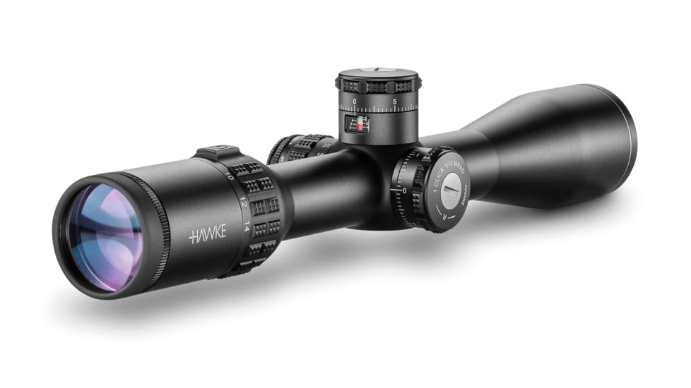 Hawke Sport Optics Sidewinder 30 SF Rifle Scope, 4.5-14x44mm, 30mm Tube, Second Focal Plane, 10x 1/2 Mil Dot + Reticle, Red, MRAD Adjustment, Black, 17140