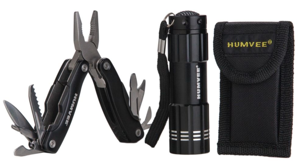 Humvee 9-Bulb LED Flashlight and Pocket Pliers Set, 2-Piece, Black HMV-KC-4BLK
